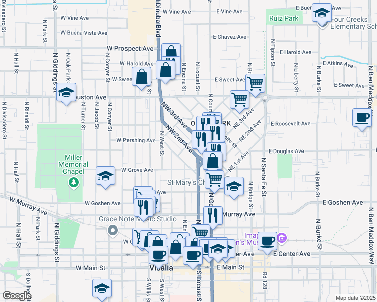 map of restaurants, bars, coffee shops, grocery stores, and more near 231 Northwest 2nd Avenue in Visalia