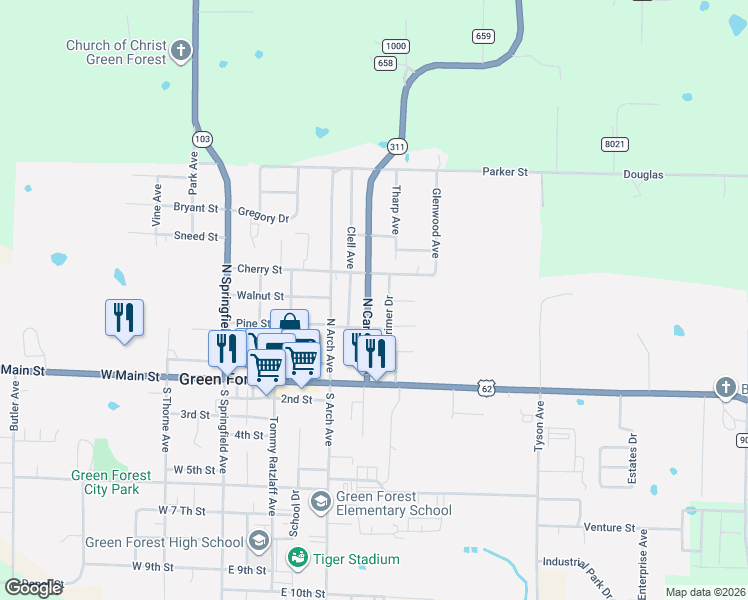 map of restaurants, bars, coffee shops, grocery stores, and more near 349 North Carroll Avenue in Green Forest
