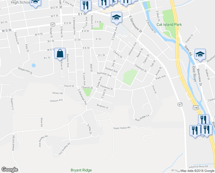 map of restaurants, bars, coffee shops, grocery stores, and more near 920 2nd Street in Elizabethton