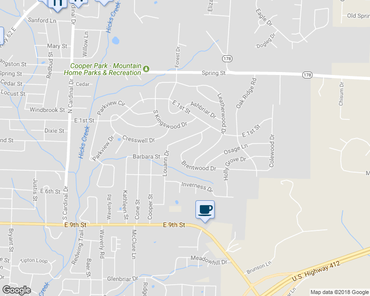 map of restaurants, bars, coffee shops, grocery stores, and more near 1712 Brentwood Drive in Mountain Home