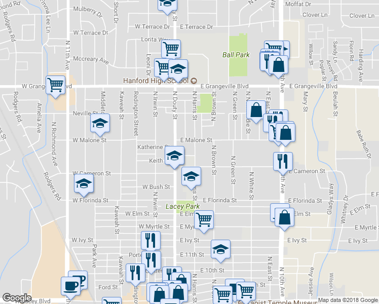 map of restaurants, bars, coffee shops, grocery stores, and more near 124 East Courtney Street in Hanford