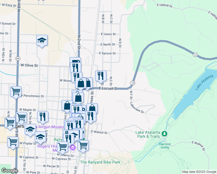 map of restaurants, bars, coffee shops, grocery stores, and more near 321 East Locust Street in Rogers