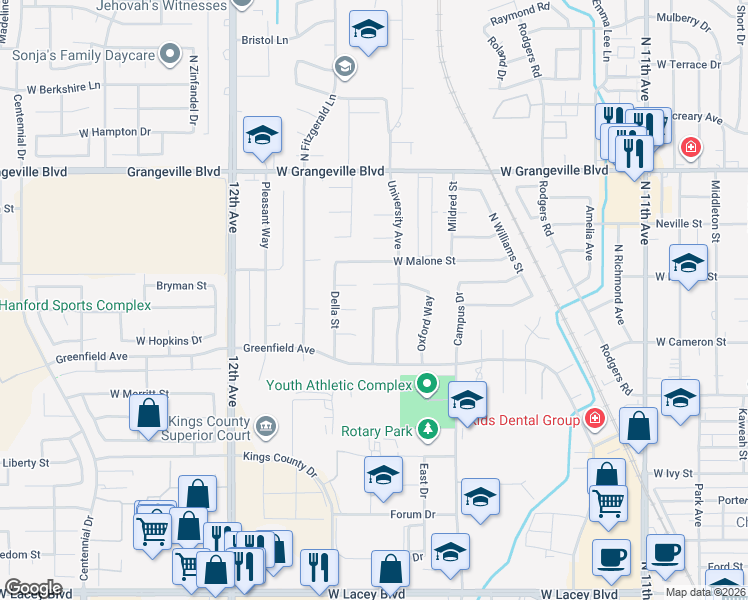 map of restaurants, bars, coffee shops, grocery stores, and more near 1226 Princeton Avenue in Hanford