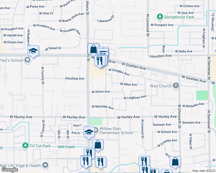 map of restaurants, bars, coffee shops, grocery stores, and more near 1030 North Atwood Street in Visalia