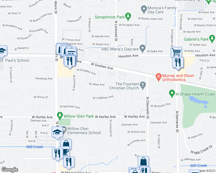 map of restaurants, bars, coffee shops, grocery stores, and more near 4605 West Allen Avenue in Visalia