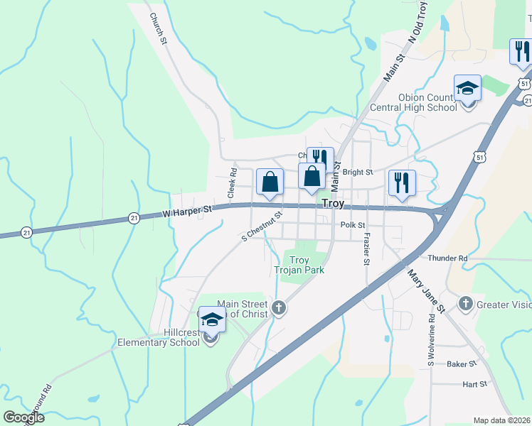 map of restaurants, bars, coffee shops, grocery stores, and more near 424 Polk Street in Troy