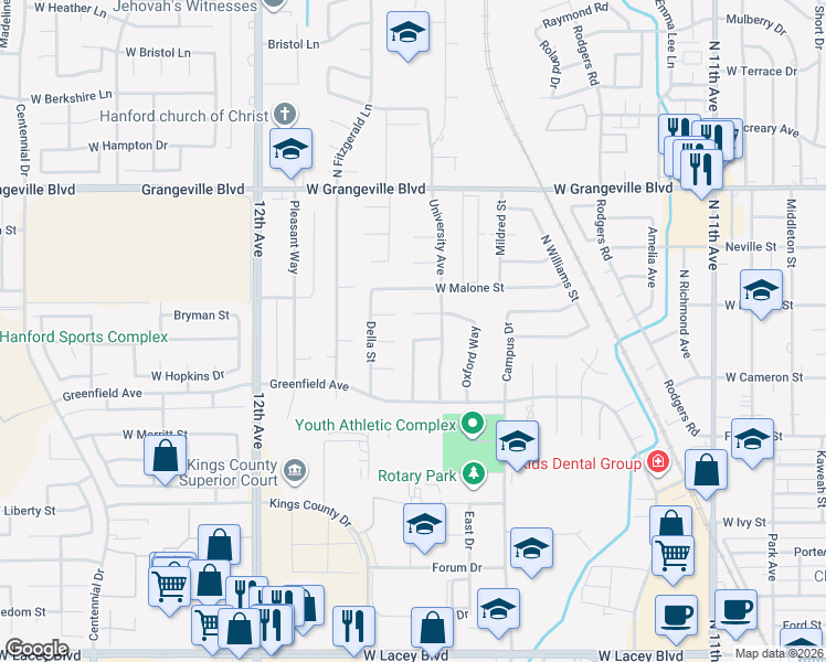 map of restaurants, bars, coffee shops, grocery stores, and more near 1226 Princeton Avenue in Hanford