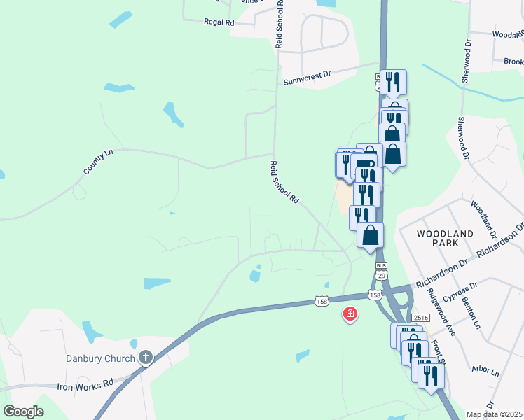 map of restaurants, bars, coffee shops, grocery stores, and more near 185 Brentwood Drive in Reidsville