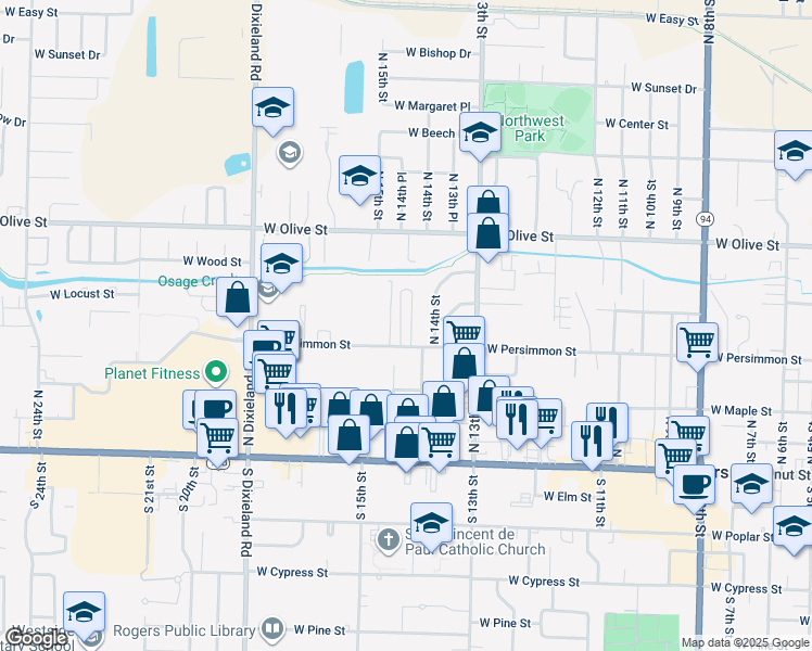 map of restaurants, bars, coffee shops, grocery stores, and more near 1403-1499 West Persimmon Street in Rogers