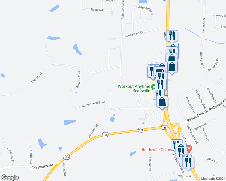 map of restaurants, bars, coffee shops, grocery stores, and more near 185 Brentwood Drive in Reidsville