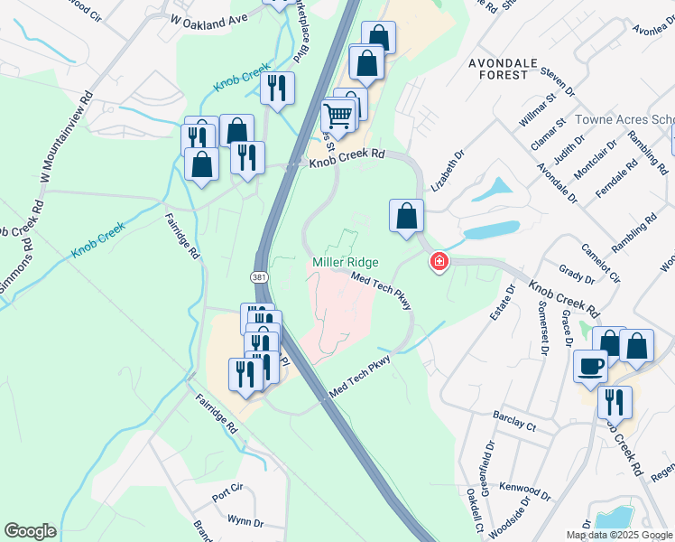 map of restaurants, bars, coffee shops, grocery stores, and more near Med Tech Parkway in Johnson City