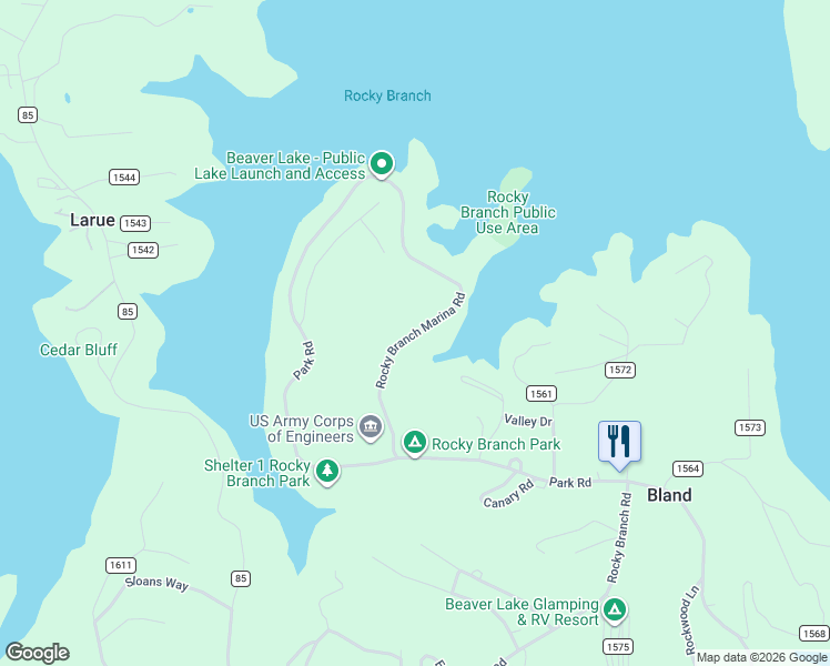 map of restaurants, bars, coffee shops, grocery stores, and more near Rocky Branch Marina Road in Rogers