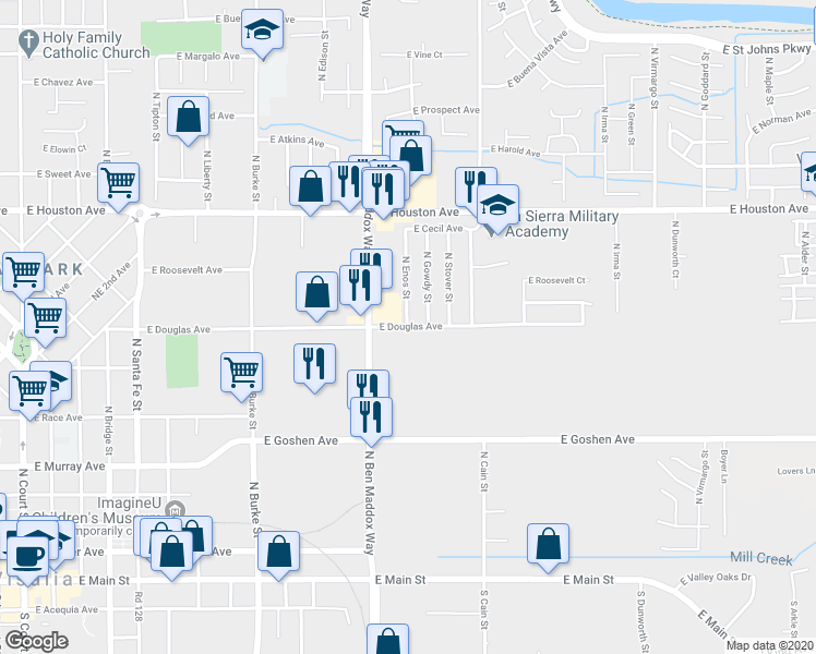 map of restaurants, bars, coffee shops, grocery stores, and more near 1405 East Douglas Avenue in Visalia