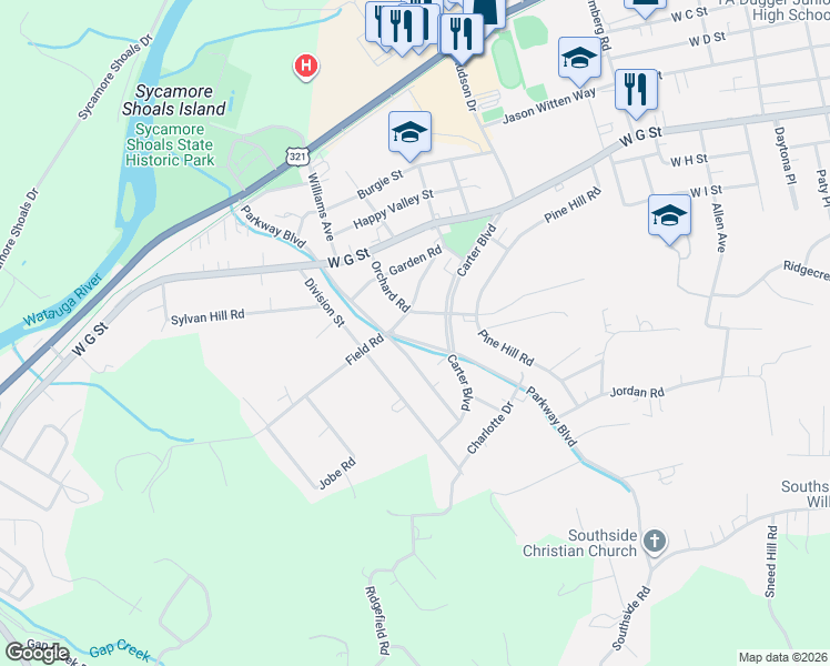 map of restaurants, bars, coffee shops, grocery stores, and more near 426 Field Road in Elizabethton