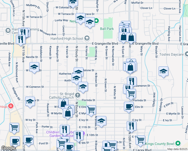map of restaurants, bars, coffee shops, grocery stores, and more near 299 East Malone Street in Hanford