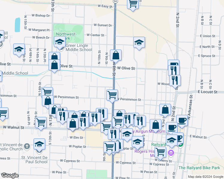 map of restaurants, bars, coffee shops, grocery stores, and more near 612 North 8th Street in Rogers