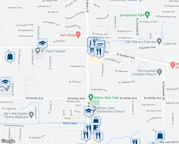 map of restaurants, bars, coffee shops, grocery stores, and more near 1041 North Oakwood Court in Visalia
