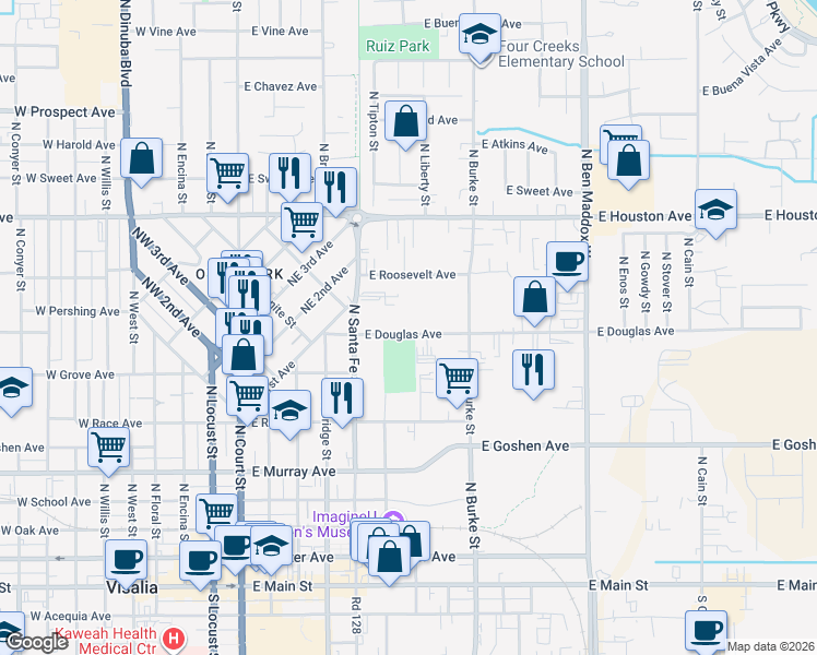 map of restaurants, bars, coffee shops, grocery stores, and more near 632 East Douglas Avenue in Visalia