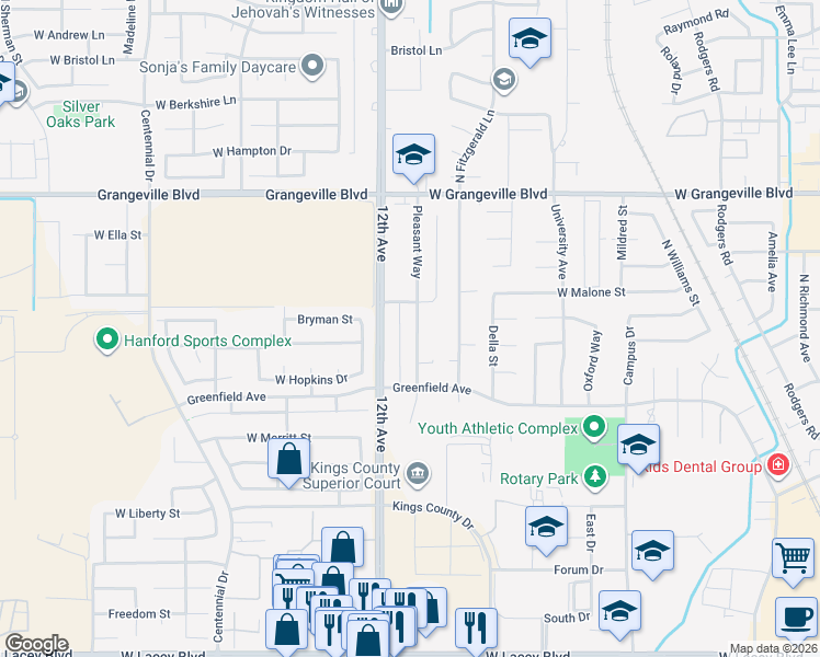 map of restaurants, bars, coffee shops, grocery stores, and more near 1284 Pleasant Way in Hanford
