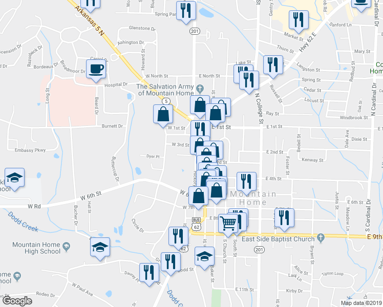 map of restaurants, bars, coffee shops, grocery stores, and more near 201 West 3rd Street in Mountain Home