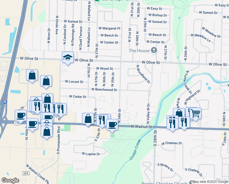 map of restaurants, bars, coffee shops, grocery stores, and more near 3403 West Beechwood Drive in Rogers