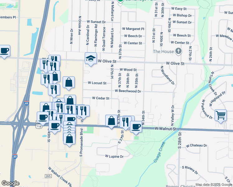 map of restaurants, bars, coffee shops, grocery stores, and more near 506 North 37th Street in Rogers