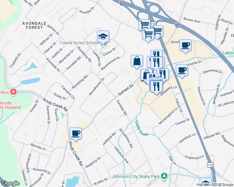 map of restaurants, bars, coffee shops, grocery stores, and more near 2106 Sundale Road in Johnson City