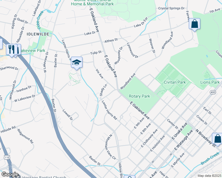 map of restaurants, bars, coffee shops, grocery stores, and more near 907 Forest Avenue in Johnson City