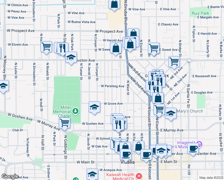 map of restaurants, bars, coffee shops, grocery stores, and more near 1000 North Stevenson Street in Visalia