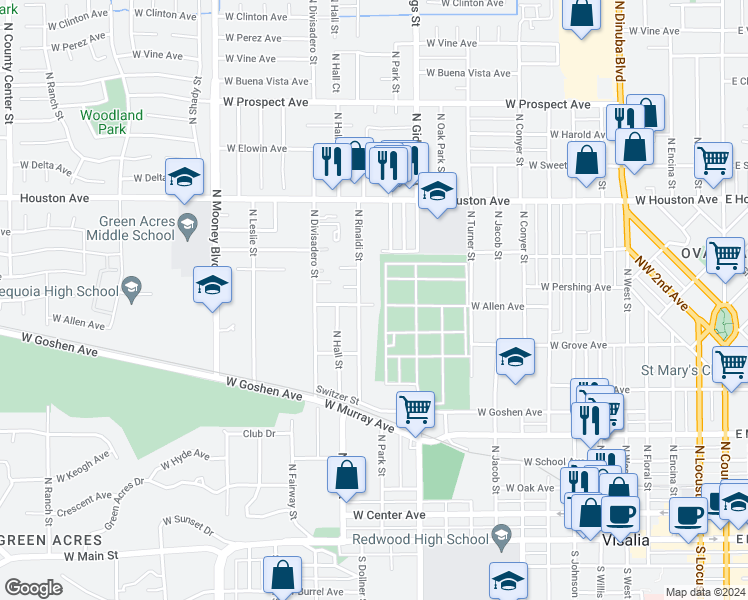 map of restaurants, bars, coffee shops, grocery stores, and more near 1410 Sady Avenue in Visalia