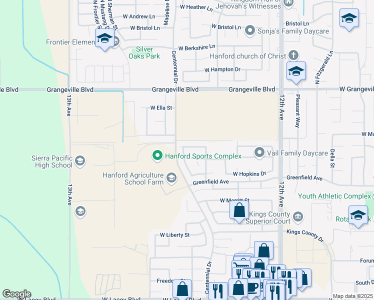 map of restaurants, bars, coffee shops, grocery stores, and more near 1265 North Academy Drive in Hanford
