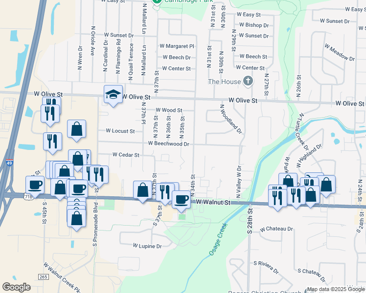 map of restaurants, bars, coffee shops, grocery stores, and more near 421 North 35th Street in Rogers