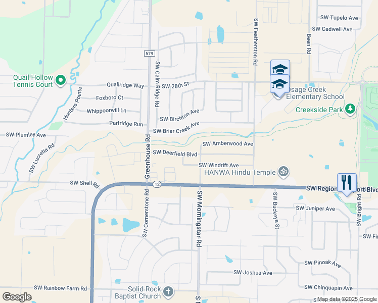 map of restaurants, bars, coffee shops, grocery stores, and more near 3404 Southwest Deerfield Boulevard in Bentonville