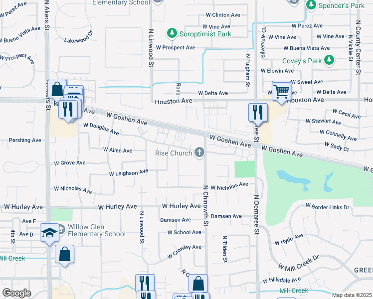 map of restaurants, bars, coffee shops, grocery stores, and more near 4300 West Douglas Avenue in Visalia