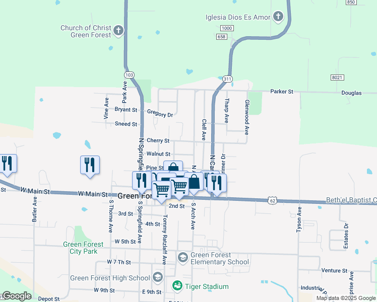 map of restaurants, bars, coffee shops, grocery stores, and more near 307 Cherry Street in Green Forest