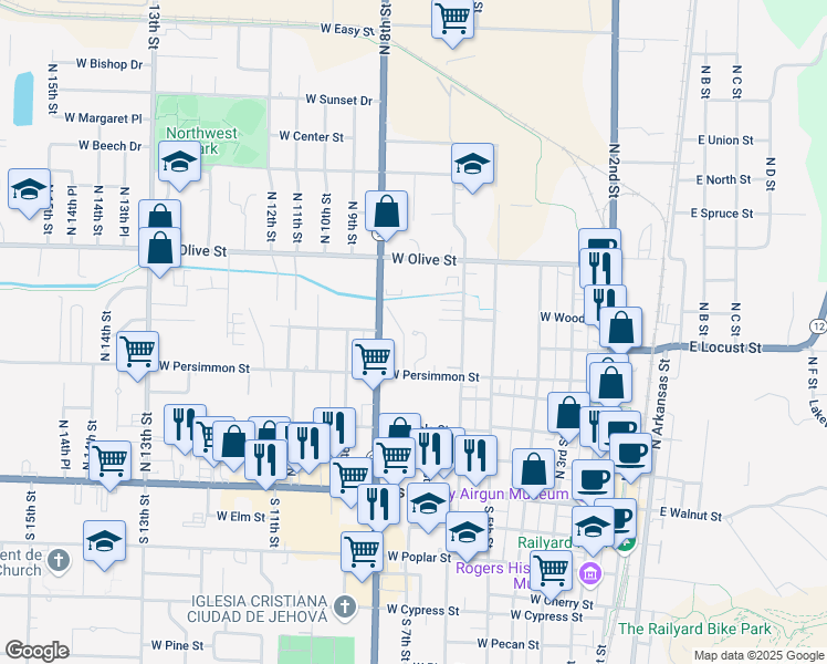map of restaurants, bars, coffee shops, grocery stores, and more near 605 North 8th Street in Rogers