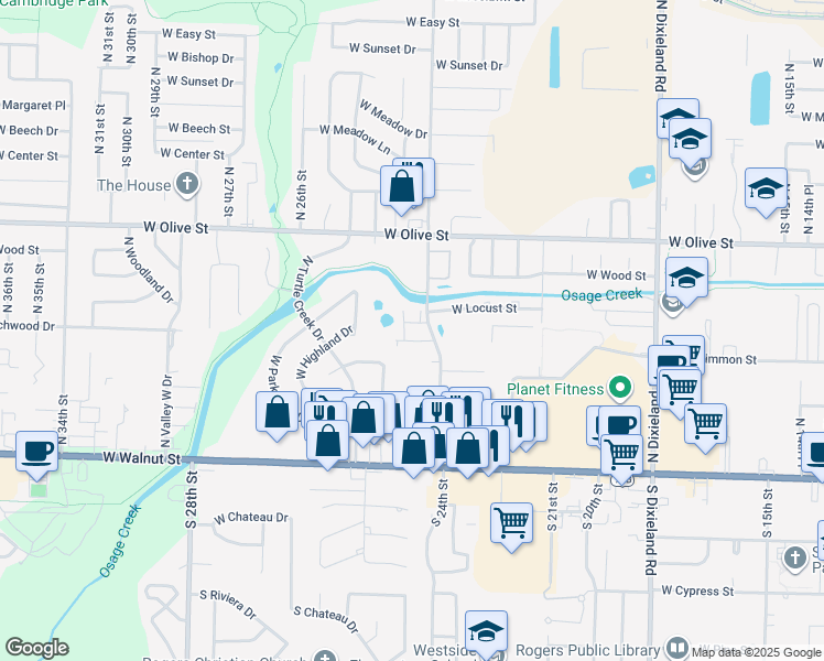map of restaurants, bars, coffee shops, grocery stores, and more near 574 North 24th Street in Rogers