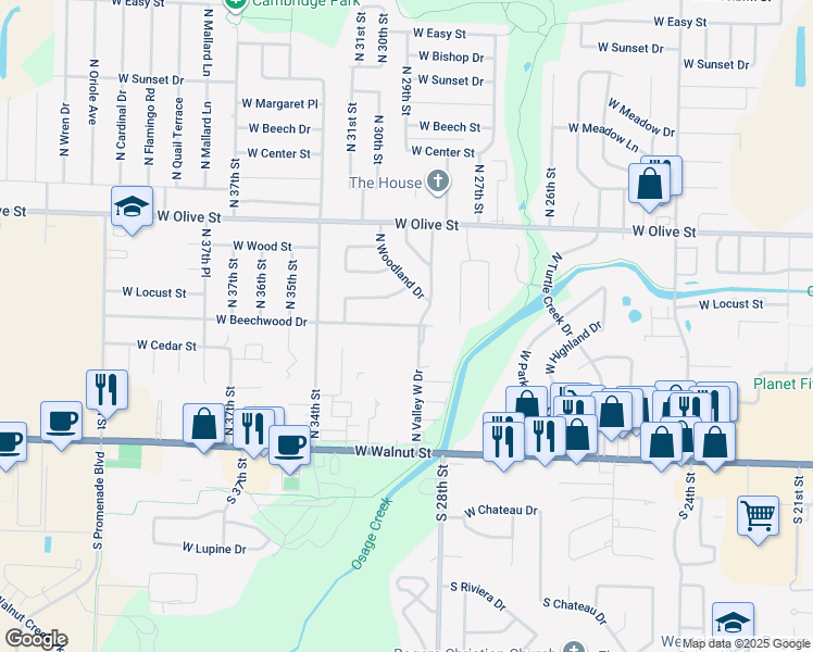 map of restaurants, bars, coffee shops, grocery stores, and more near 602 North Valley West Drive in Rogers