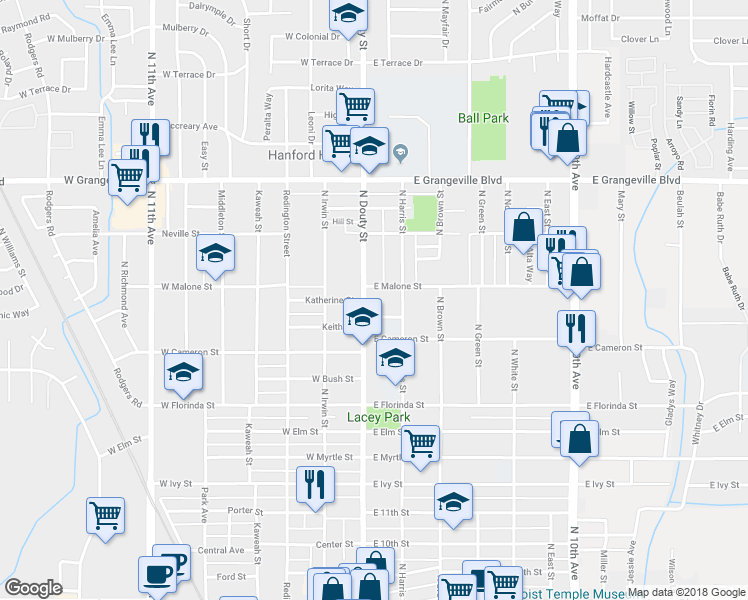 map of restaurants, bars, coffee shops, grocery stores, and more near 1231 North Douty Street in Hanford