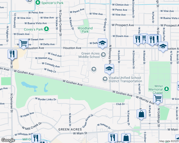 map of restaurants, bars, coffee shops, grocery stores, and more near 1040 North Woodland Street in Visalia