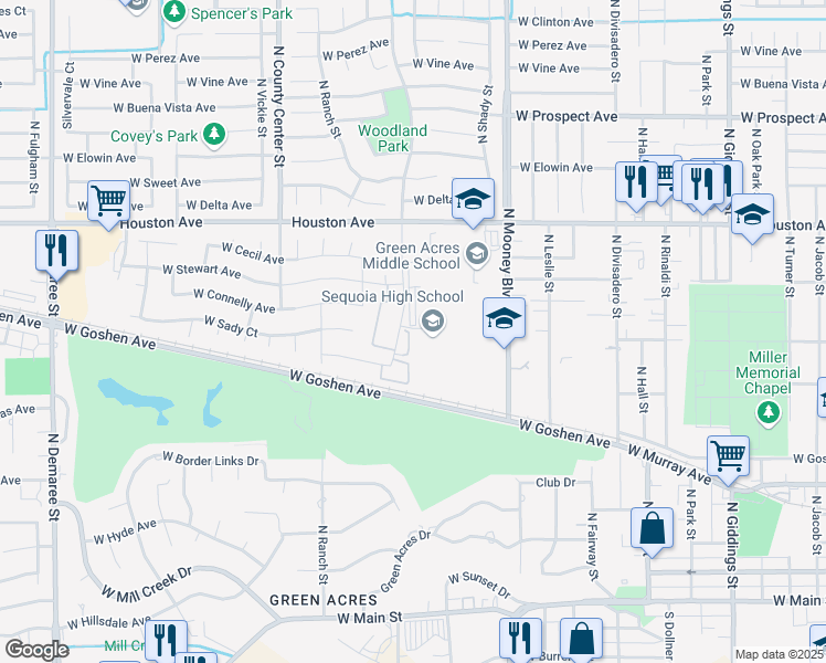 map of restaurants, bars, coffee shops, grocery stores, and more near 1040 North Woodland Street in Visalia