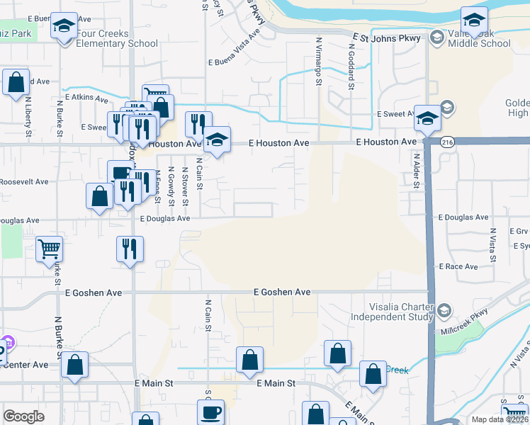 map of restaurants, bars, coffee shops, grocery stores, and more near 1949 East Pershing Avenue in Visalia