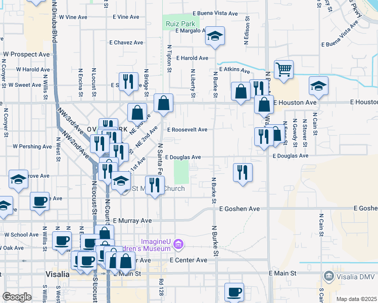 map of restaurants, bars, coffee shops, grocery stores, and more near 632 East Douglas Avenue in Visalia