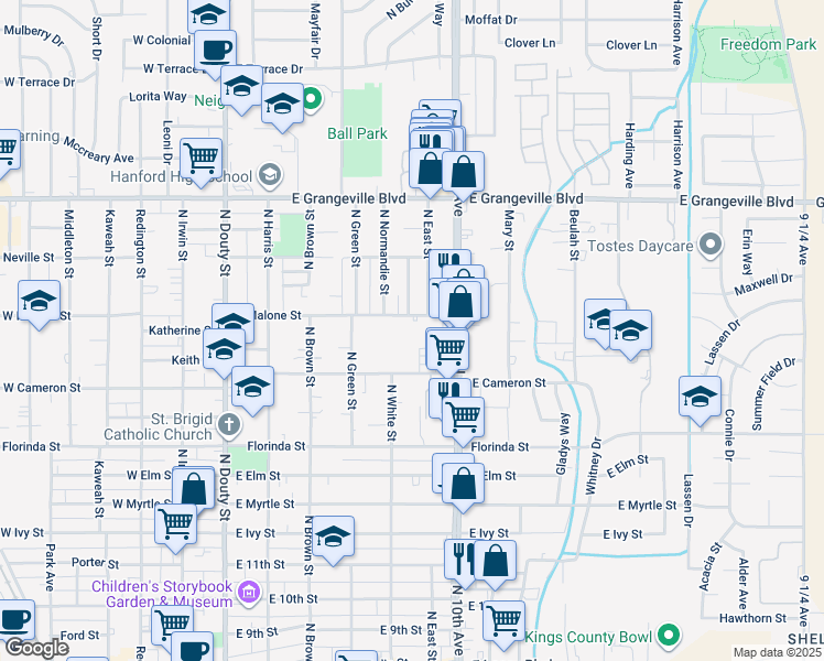 map of restaurants, bars, coffee shops, grocery stores, and more near 561 East Malone Street in Hanford