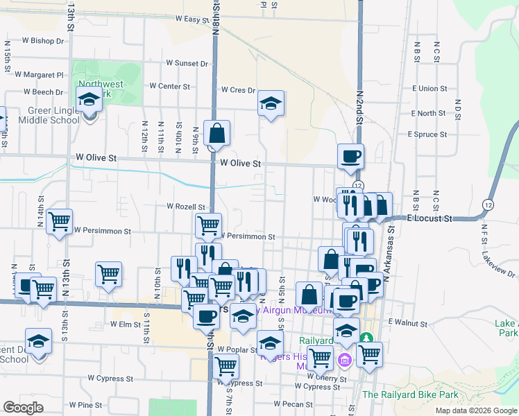 map of restaurants, bars, coffee shops, grocery stores, and more near 701 North 6th Street in Rogers
