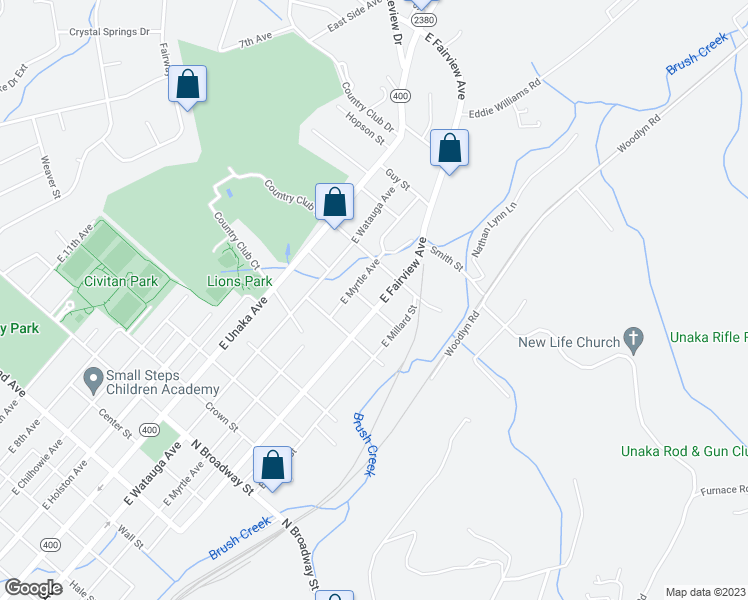 map of restaurants, bars, coffee shops, grocery stores, and more near 1907 East Fairview Avenue in Johnson City