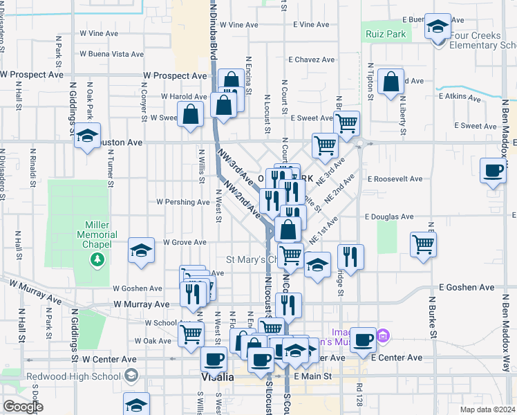 map of restaurants, bars, coffee shops, grocery stores, and more near 128 Northwest 3rd Avenue in Visalia