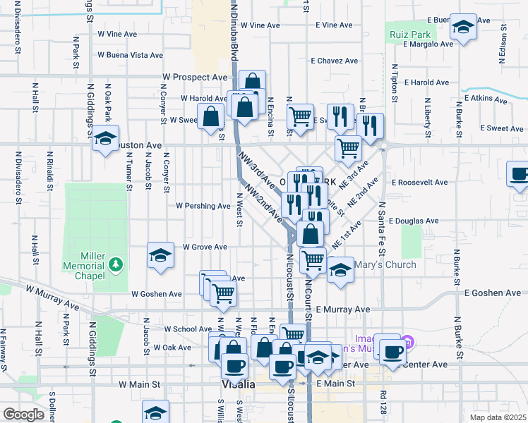 map of restaurants, bars, coffee shops, grocery stores, and more near 308 Northwest 2nd Avenue in Visalia