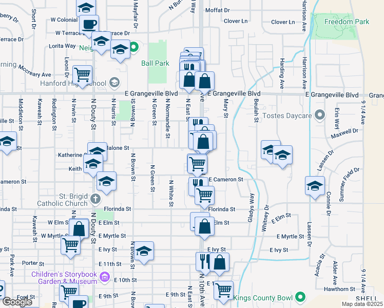 map of restaurants, bars, coffee shops, grocery stores, and more near 1301 North Alta Way in Hanford