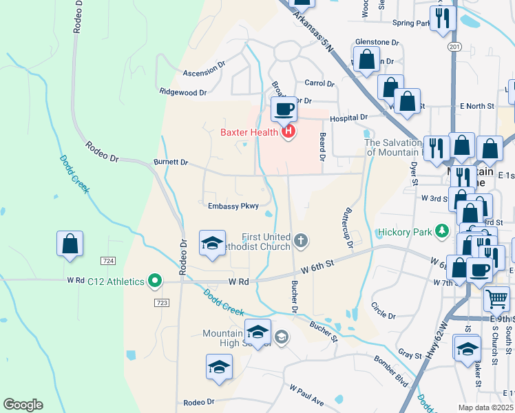 map of restaurants, bars, coffee shops, grocery stores, and more near 766 Embassy Parkway in Mountain Home